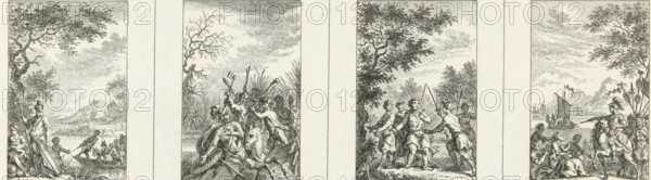 Four episodes from national history, Illustrations of national history, print, Uncut sheet with four depictions from national history. From left to right: Founding of a Batavian settlement, William II, Count of Holland, dies on the ice in a war against the West Frisians, Batavian hero Galama, Salian Franks submit to the mounted Roman commander-in-chief Julian the Apostate., number: '1, 12, 9, 4', printmaker: Simon Fokke, Amsterdam, 1722 - 1784, paper, etching, etching on uncut sheet, proof, height 112 mm x width 260 mm, Person, Julian the Apostate (Emperor of the Roman Empire), historical persons (portraits and scenes from the life), historical events and situations, Roman period in the Netherlands, Four narrow rectangular vignettes are shown side by side, each depicting a different outdoor scene rendered in fine line engraving style; the first vignette shows a shoreline with a standing bearded man in long robes holding a staff, a seated woman next to him, a small boat with figures nea...