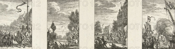 Four episodes from national history, Illustrations of national history, print, Uncut sheet with four depictions from national history. From left to right: Visit of Frederick I, King of Prussia to Amsterdam, Capture of Tournai, Division in Middelburg, Arrival of the Dutch-English fleet with Charles VI, German Emperor in Lisbon., number: '125, 128, 127, 126', printmaker: Simon Fokke, Amsterdam, after design by, 1722 - 1784, paper, etching, etching on uncut sheet, proof, height 114 mm x width 247 mm, Person, Charles VI (Holy Roman Emperor), Frederick I King of Prussia, historical persons (portraits and scenes from the life), historical events and situations, War of Spanish Succession, A wide horizontal print divided into vertical panels shows multiple scenes in a monochrome engraved style; on the left a group of robed and uniformed figures stand near a boat with a tall flagpole and a ribboned flag, while a crowd gathers on a raised walkway and a line of soldiers or attendants appears near...