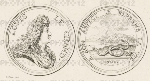 Medal with the portrait of Louis XIV (large variant), print, King of France. On the reverse side an emblematic representation of his reign: a snake, with a broken body, is illuminated by sunbeams., number: 'Illegible (partially cut off) number.', printmaker: Bernard Picart, Paris, 1700 - 1733, paper, etching, engraving, height 95 mm x width 150 mm, Person, Louis XIV (King of France), snakes, medal (considered as a piece of sculpture, regardless of its specific function), sun as celestial body, A drawing of two round coins side by side on a light background, each coin framed by concentric circular lines; the left coin shows a detailed profile of a person with long curly hair and draped clothing, the hair flowing outward with intricate curls and a decorative button on the garment, while the right coin depicts a landscape with a coiled snake in the foreground beside textured ground, a body of water and a distant rocky hill behind it, and a sun with radiating rays and clouds above.