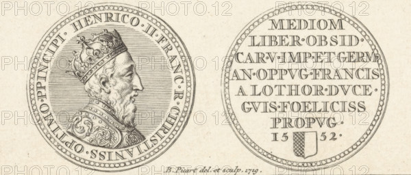 Coin with the portrait of Henry II, print, Medal with the portrait of Henry II, King of France. On the other side a text in Latin referring to the Siege of Metz in 1552., printmaker: Bernard Picart, Amsterdam, 1719, paper, engraving, etching, etching and engraving, height 42 mm x width 93 mm, Person, Henry II (King of France), medal (considered as a piece of sculpture, regardless of its specific function), Metz, Period, 1552, Two round coin-like medallions are shown side by side on a light textured background. The left medallion contains a detailed profile portrait of an older man facing right, wearing an ornate crown and a decorative garment with scrollwork patterns; the portrait is set against a background filled with closely spaced horizontal lines and enclosed by a beaded border. The right medallion features multiple horizontal rows of evenly spaced, uniform rectangular shapes arranged to resemble stacked elements within the circular field, with a small shield-like emblem near the ...