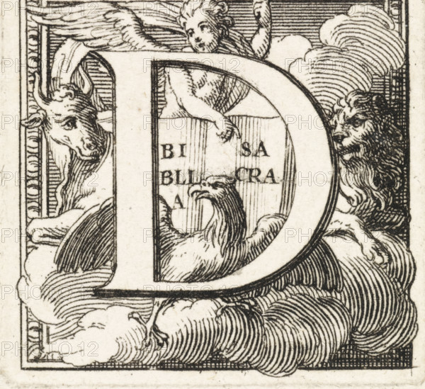Letter D and the four evangelists, print, book illustration, The letter and the initial D with the symbols of the four evangelists in the background: angel, ox, lion, and eagle. The angel of Matthew points to an open Bible., printmaker: Bernard Picart (possibly), Amsterdam, 1683 - 1733, paper, etching, height 35 mm x width 35 mm, the four symbols of the evangelists, 'the apocalyptic beasts', historiated initial, A detailed black and white engraved design showing a large decorative curved shape occupying the center, surrounded by stylized clouds with flowing lined textures; a winged cherub or small human figure leans over the top of the curved shape with an arm extending downward; a bovine head appears peeking from the left side with visible horn and ear; a lion-like head with mane is visible on the right side looking toward the center; an eagle-like bird with curved beak and feathers is positioned inside the curved shape; ornate border lines frame the scene.