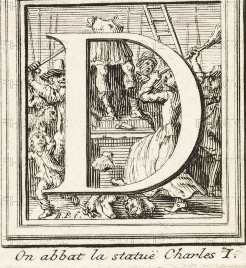 Letter D with the smashing of the statue of Charles I, King of England, in the background, print, book illustration, The letter and initial D with the smashing of the statue of Charles I, in the background. At the bottom an explanatory text in French., printmaker: Bernard Picart, Amsterdam, 1683 - 1733, paper, etching, height 42 mm x width 38 mm, Person, Charles I (King of England), monument, statue, historiated initial, A detailed black and white engraved scene framed by parallel lines shows a large decorative curved shape occupying the center, with figures clustered around it. On one side a robed figure faces away, one arm raised toward the curved shape, while other figures hold long poles or sticks and wear brimmed hats. Small figures appear at the base, some reclining or fallen, with drapery and striped shading on clothing. Architectural elements such as a stepped platform and a framed recess with vertical and horizontal hatching are visible behind the central figures. The image is...