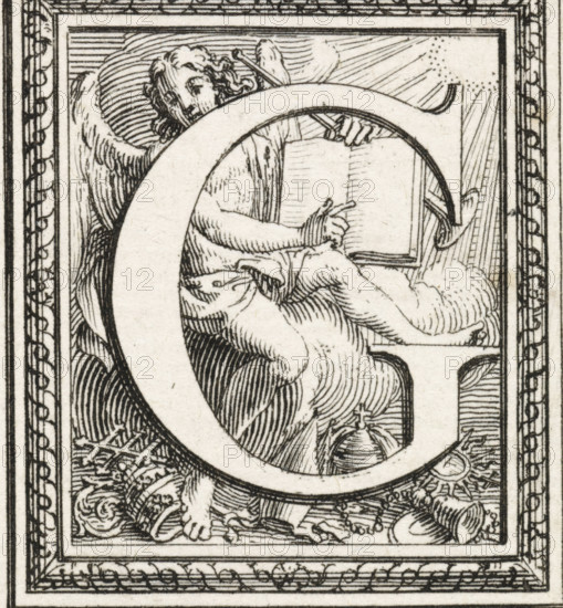 Letter G, print, The letter and the initial G with an angel in the background pointing at an open Bible. On the ground various ecclesiastical attributes, including a papal tiara., printmaker: Bernard Picart, Amsterdam, 1683 - 1733, paper, etching, engraving, height 43 mm x width 37 mm, historiated initial, Bible (angel(s)), A detailed black and white engraving shows a framed ornamental letter form with an angelic figure seated inside its curve, the figure holding an open book and a writing instrument, with flowing hair, draped fabric, and wings rendered in fine linework; decorative border elements and elaborate foliage motifs surround the central scene, and hatching and stippling create shading and texture throughout the composition.