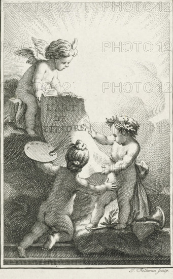 L'Art de Peindre, Putti studying a sheet of paper, print, Two putti studying a sheet of paper with the text: L'Art de Peindre. The putto on the left holds a painter's palette, the one on the right is laureated and stands on a trumpet lying on the ground. On a cloud above, a little angel with a flame above its head, a symbol of divine inspiration, looks on., printmaker: Jacob Folkema, 1761, Jacob Folkema, printmaker, paper, etching, height 134 mm x width 87 mm, Illustration used as title page in: Watelet, Claude Henri. L'art de peindre. Amsterdam, 1761., cupids together with attributes of the arts, sciences, angel(s) represented as child(ren), A black and white engraved scene shows three cherub-like children among clouds. One child with small wings leans forward from above, resting hands on a rectangular stone slab. Another child stands on the clouds facing the slab, wearing a laurel wreath and holding a sheet of paper with an outstretched hand. The third child kneels with their back to...
