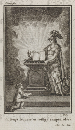 Title page of Jean Pierre Claris de Florian, Numa Pompilius, second king of Rome, 1790, Minerva presents the book Telemaque, print, title page, Minerva stands in full armor next to a pedestal. She presents an open book in which is written: Telemaque. A putto kneels before the pedestal. He holds an open book in which is written: Numa. With a French caption., printmaker: Henri-Joseph Godin, Liège, writer (clerical worker): Jean Pierre Claris de Florian, publisher: Benoît le Francq, Brussels, writer (clerical worker), paper, engraving, letterpress printing, engraving and letterpress, width 135 mm x height 78 mm, Title page for Jean Pierre Claris de Florian, 'Numa Pompilius, second roi de Rome '. Brussels by Benoît le Francq, 1790., cupids: 'amores', 'amoretti', 'putti', (story of) Minerva (Pallas, Athena), An engraved scene framed by a rectangular border shows a robed, armored female figure wearing a crested helmet and a long flowing cloak standing beside a decorated pedestal topped with ...