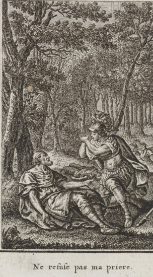 Numa and the dying Tatius, print, book illustration, The dying Tatius lies against a tree. Numa kneels next to him. In the background the dead assassins. With a French caption., printmaker: Henri-Joseph Godin, Liège, writer (clerical worker): Jean Pierre Claris de Florian, publisher: Benoît le Francq, Brussels, 1790, writer (clerical worker), paper, engraving, letterpress printing, engraving and letterpress, width 136 mm x height 75 mm, Book illustration for Jean Pierre Claris de Florian, 'Numa Pompilius, second roi de Rome '. Brussels by Benoît le Francq, 1790., deathbed, murderer, male literary characters (with NAME), A detailed black and white engraving showing a forest scene with dense trees and foliage filling the background, two men in the foreground near the base of a tree, one seated on the ground wearing loose draped clothing and looking up, the other kneeling or leaning forward wearing a decorated helmet, armor-like clothing and a cloak while clasping his hands together towar...