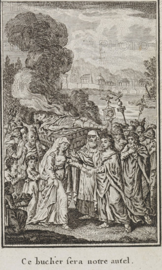 Burial of Tatius, print, book illustration, Titus Tatius, king of the Sabines, is cremated on a pyre. His troops mourning around the fire. Numa comforts his daughter Tatia. Rome in the background. With a French caption., printmaker: Henri-Joseph Godin, Liège, writer (clerical worker): Jean Pierre Claris de Florian, publisher: Benoît le Francq, Brussels, 1790, writer (clerical worker), paper, engraving, letterpress printing, engraving and letterpress, width 136 mm x height 75 mm, Book illustration for Jean Pierre Claris de Florian, 'Numa Pompilius, second roi de Rome '. Brussels by Benoît le Francq, 1790., body-burning, cremation, male literary characters (with NAME), Rome, A detailed black and white engraving shows a group of robed figures gathered around a central scene near a riverbank with buildings and arches in the distant background. In the foreground a veiled woman in a flowing dress steps forward while an older bearded man in layered robes reaches toward her hand, and beside hi...
