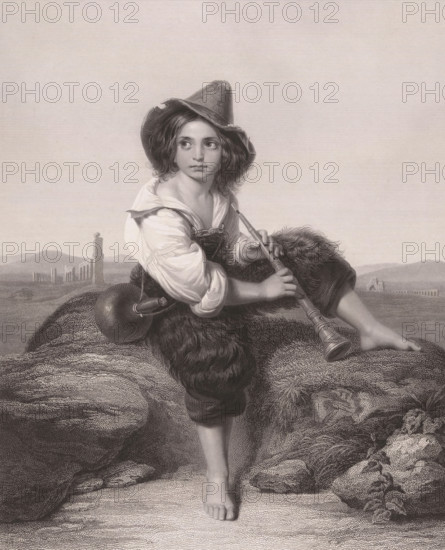 Shepherd boy with jug and wind instrument, print, printmaker: Eduard Mandel, Berlin, after painting by Leopold Pollak, printer (person): Bougeard, Paris, publisher: Sachse & Co., L., vendor: Rittner & Goupil, 1840, printer (person), paper, chine collé, etching, engraving, etching and engraving on chine collé, height 380 mm x width 304 mm, herding, herdsman, herdswoman, shepherd, shepherdess, cowherd, musical instruments, group of musical instruments, A young person sits barefoot on a textured rocky surface, wearing a floppy hat and a loose shirt with rolled sleeves, a fur or shaggy garment draped around their lap; they hold a long wooden wind instrument with both hands and look slightly to the side with a neutral expression, while a landscape with distant structures and low hills stretches behind them.
