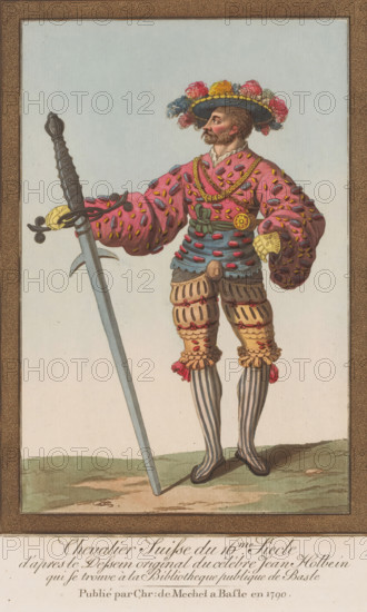 Chevalier Suisse du 16me siecle, Soldier captain with hat with feathers and sword, Twelve Swiss military costumes, Recueil de Johann Rudolph Schellenberg (possibly), after drawing by Hans Holbein (II), publisher: Christian von Mechel, Bazel, 1790, Johann Rudolph Schellenberg, printmaker, paper, etching, aquatint, hand coloring, colored etching and aquatint, height 268 mm x width 185 mm, The series belongs to the 4-piece publication 'Oeuvre de Jean Holbein', Basel 1780-1795, by Christian von Mechel., hacking and thrusting weapons: sword, weapons, clothes, costume, (military) uniforms (weapons), Switzerland, A full-length colored illustration of a man standing on grassy ground, facing slightly to the right while looking upward to the right, wearing an ornate wide-brimmed hat decorated with large multicolored plumes, a short beard and mustache, a loose pink doublet patterned with small shapes and large puffed sleeves, a decorative chain across his chest, a belted waist with a round orname...