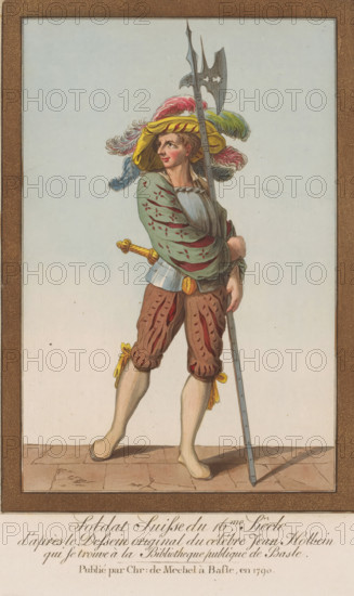 Soldat Suisse du 16me siècle, Soldier with dagger, halberd and hat with feathers, Twelve Swiss military costumes, Recueil de printmaker: Johann Rudolph Schellenberg (possibly), after drawing by Hans Holbein (II), publisher: Christian von Mechel, Bazel, 1790, printmaker, paper, etching, aquatint, hand coloring, colored etching and aquatint, height 270 mm x width 184 mm, The series belongs to the 4-part publication 'Oeuvre de Jean Holbein', Basel 1780-1795, by Christian von Mechel., head-gear: hat, armor, hacking and thrusting weapons: dagger, clothes, costume, helved weapons, polearms (for striking, hacking, thrusting): halberd, (military) uniforms (weapons), Switzerland, A full-length colored illustration of a standing figure in historical costume holding a long polearm, wearing a wide-brimmed hat adorned with large multicolored plumes, a loose greenish jacket with decorative slashes over a pale shirt, short brown breeches with slashed patterns and tied with yellow ribbons at the knees...