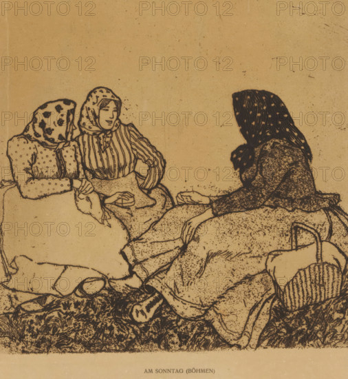 Three women in the grass, Am Sonntag (Böhmen), print, name: 'Orlik', printmaker: Emil Orlik, 1880 - 1932, paper, etching, relief etching, intaglio printmaking technique, height 226 mm x width 219 mm, adult woman, picnic, alfresco, 'déjeuner sur l'herbe', Bohemia, Three women sit close together on a textured ground, each wearing patterned headscarves and long dresses with visible folds and dotted or striped patterns; the woman on the left faces slightly inward with a floral headscarf and a dotted dress, the central woman wears a striped bodice and a spotted headscarf while she looks toward the left, and the woman on the right is turned away with a dark headscarf speckled with light spots and a heavily textured garment, with a woven basket visible near the lower right.
