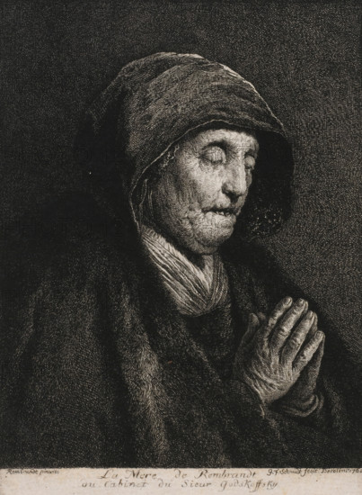 Portrait of Neeltje Willemsdr. Zuytbrouck praying, print, printmaker: Georg Friedrich Schmidt, Berlin, after painting by Rembrandt van Rijn, 1762, paper, etching, intaglio printmaking technique, height 150 mm x width 100 mm, Person, Neeltje Willemsdr. Zuytbrouck, historical persons - BB - woman, A close-up black-and-white etching of an elderly person wearing a hooded cloak with a textured background, showing a downcast face with closed eyes and thin lips, detailed lines indicating wrinkles and facial texture, a layered cloth visible at the neck, and hands held together in a prayer-like position with pronounced knuckles and veins.