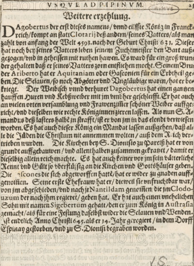 Portraits of Clovis II, print, book illustration, number: '158', printmaker: Virgilius Solis, Nuremberg, publisher: Johann Bussemacher, 1598, Bavaria, paper, etching, engraving, intaglio printmaking technique, height 118 mm x width 78 mm, Print used for the publication: Michael Eizinger. Könige in Frankreich. Cologne: Johann Bussemacher, 1598. The publication contains prints by Jost Amman and Virgil Solis., Person, Clovis II (king of Neustria and Burgundy), historical persons, ruler, sovereign, scrollwork, strapwork, ornament, A rectangular piece of aged paper filled with dense blackletter text in dark ink, framed at the top by a narrow decorative border and a centered bold heading, with a large ornate capital letter starting the first line; the text occupies most of the upper two thirds of the page, arranged in neat justified lines with even spacing and visible ink texture; the lower portion of the page shows lighter, faded text impressions and some bleed-through from the reverse side...