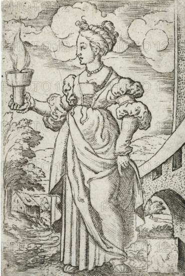 Personification of Germany as a wise virgin, Germania, Personifications of European countries and provinces as wise and foolish virgins, print, number: '128', printmaker: Virgilius Solis, Nuremberg, 1524 - 1562, Bavaria, paper, engraving, etching, intaglio printmaking technique, height 79 mm x width 50 mm, Print is part of a series of ten prints with personifications of European countries and provinces as the five wise and five foolish virgins., personifications of countries, nations, states, districts, representation of wise virgin(s), costume, Germany, A tall woman in a long draped dress stands in profile facing left, wearing a fitted bodice with puffed sleeves and a necklace, her hair arranged in an updo with decorative curls; she holds a large torch with a visible flame in her extended left hand while her right hand rests on her hip, and a flowing outer garment wraps around her waist and falls to the ground revealing simple sandals. Behind her, stylized clouds fill the sky above a ...