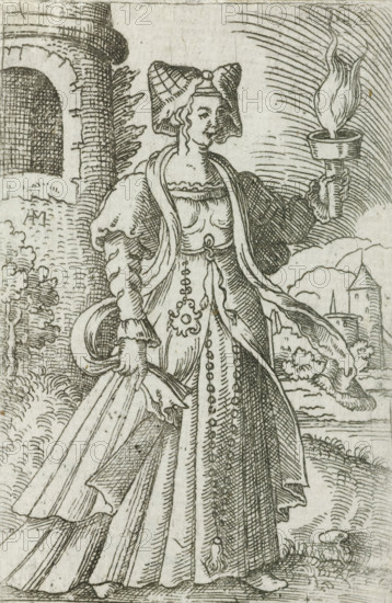 Wise virgin as personification of France, France, Wise and foolish virgins as European countries and provinces, print, number: '128', printmaker: Virgilius Solis, Nuremberg, 1524 - 1562, Bavaria, paper, engraving, etching, intaglio printmaking technique, height 78 mm x width 49 mm, Print is part of a series of ten prints with personifications of European countries and provinces as the five wise and five foolish virgins., personifications of countries, nations, states, districts, representation of wise virgin(s), costume, A detailed black and white line engraving of a standing woman in period dress holding a torch in one hand and a folded item in the other. She wears a tall, shaped headdress with decorative folds and has curled hair visible at her temples. Her gown features a fitted bodice with decorative trim at the neckline, puffed sleeves with slashed or layered detailing, long flowing drapery and a long skirt with vertical ornamentation and hanging tassel-like decorations. A long sc...