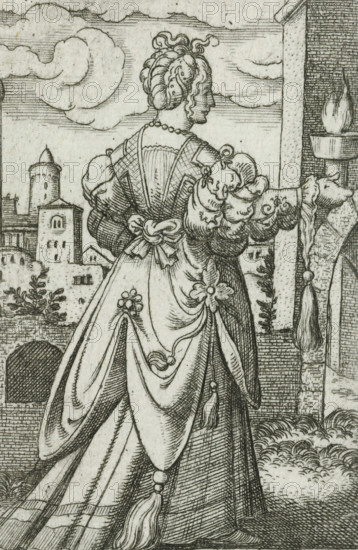 Italy, Wise virgin as personification of Italy, Wise and foolish virgins as European countries and provinces, print, number: '128', printmaker: Virgilius Solis, Nuremberg, 1524 - 1562, Bavaria, paper, engraving, etching, intaglio printmaking technique, height 80 mm x width 50 mm, Print is part of a series of ten prints with personifications of European countries and provinces as the five wise and five foolish virgins., personifications of countries, nations, states, districts, representation of wise virgin(s), A detailed black and white engraving shows the back of a woman in an ornate dress standing on a terrace. Her hair is styled in an updo with curls and she wears a beaded necklace. The dress features puffed sleeves with decorative bows, a fitted bodice with a tied sash at the waist, and a long draped skirt adorned with floral decorations and tassels. To the right a stone column and a brazier with flames sit on a pedestal. In the background a townscape with towered buildings and lea...