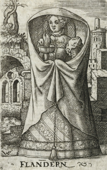 Flanders, Wise virgin as personification of Flanders, Wise and foolish virgins as European countries and provinces, print, number: '128', printmaker: Virgilius Solis, Nuremberg, 1524 - 1562, Bavaria, paper, engraving, etching, intaglio printmaking technique, height 80 mm x width 50 mm, Print is part of a series of ten prints with personifications of European countries and provinces as the five wise and five foolish virgins., personifications of countries, nations, states, districts, representation of wise virgin(s), A monochrome engraved image of a robed woman standing frontally, her head and shoulders covered by a large hooded cloak that drapes around her form. She holds a shallow vessel with visible flames in front of her chest, and a small animal pelt rests against one arm. Her face is visible beneath the hood, with stylized hair and a calm expression. The cloak shows detailed folds and a decorative border at the hem, with a cord and tassel hanging down the center. Architectural rui...