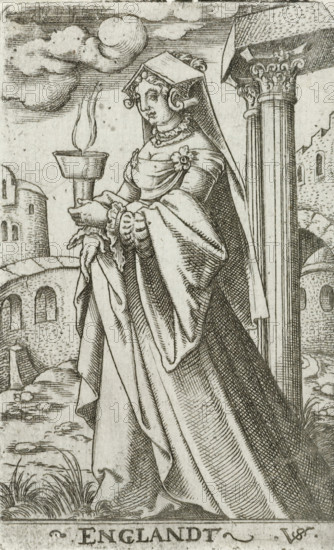 England, Wise virgin as personification of England, Wise and foolish virgins as European countries and provinces, print, number: '128', printmaker: Virgilius Solis, Nuremberg, 1524 - 1562, Bavaria, paper, engraving, etching, intaglio printmaking technique, height 81 mm x width 51 mm, Print is part of a series of ten prints with personifications of European countries and provinces as the five wise and five foolish virgins., personifications of countries, nations, states, districts, representation of wise virgin(s), costume, A detailed black and white engraving of a standing woman in elaborate historical dress holding a bowl with a rising flame, wearing a long flowing gown with voluminous sleeves and a headdress that frames her curled hair, her expression neutral and eyes directed slightly downward; ornate architectural column and a fragment of a building appear to her right while rounded tower-like structures and rocky ground with tufts of grass are visible in the background, with styli...
