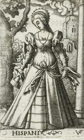 Foolish virgin as personification of Spain, Hispani, Wise and foolish virgins as European countries and provinces, print, number: '128', printmaker: Virgilius Solis, Nuremberg, 1524 - 1562, Bavaria, paper, engraving, etching, intaglio printmaking technique, height 79 mm x width 50 mm, Print is part of a series of ten prints with personifications of European countries and provinces as the five wise and five foolish virgins., personifications of countries, nations, states, districts, representation of foolish virgin(s), Spain, A finely detailed black and white line engraving of a woman standing in front of architectural structures and a tree, wearing a long gown with a fitted bodice, puffed sleeves, and a sash tied at the waist, her head slightly tilted and adorned with a rounded headdress with small round decorations, a pendant hanging at her chest, one hand holding a small hat and the other holding the ends of the sash, the skirt showing layered underpinnings and vertical folds, a text...
