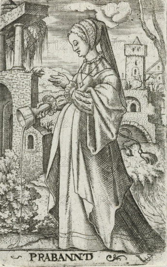 Foolish virgin as personification of Brabant, Prabannd, Wise and foolish virgins as European countries and provinces, print, number: '128', printmaker: Virgilius Solis, Nuremberg, 1524 - 1562, Bavaria, paper, engraving, etching, intaglio printmaking technique, height 80 mm x width 50 mm, Print is part of a series of ten prints with personifications of European countries and provinces as the five wise and five foolish virgins., personifications of countries, nations, states, districts, representation of foolish virgin(s), Brabant, A woman in a long flowing gown and a headdress stands in profile holding a small cup tilted so a thin stream flows from it; she has a calm facial expression and her hands are clasped near her chest with ruffled cuffs visible. Her gown features voluminous sleeves with detailed folds and patterned shading, and a long mantle drapes down her back and over one arm. Behind her are architectural ruins including arched openings, columns, and a tower with small windows...