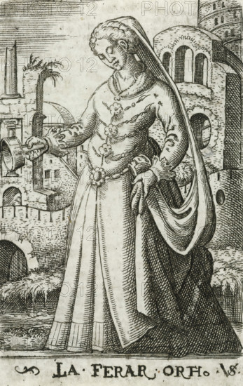 Foolish virgin as personification of Ferrara, La Ferar Orth, Wise and foolish virgins as European countries and provinces, print, printmaker: Virgilius Solis, Nuremberg, 1524 - 1562, Bavaria, paper, engraving, etching, intaglio printmaking technique, height 80 mm x width 50 mm, Print is part of a series of ten prints with personifications of European countries and provinces as the five wise and five foolish virgins., personifications of countries, nations, states, districts, representation of foolish virgin(s), Ferrara (city), A standing woman in a long, flowing gown and a veil that drapes over her head and down her back, with a decorative band and floral motifs on the bodice and a belt at the waist, holding a small container in one hand and gathering part of her skirt with the other, is depicted in a finely hatched, black-and-white engraved scene; behind her are architectural ruins with arched windows and towers, a bridge over water with reflections and grassy banks, and a distant col...