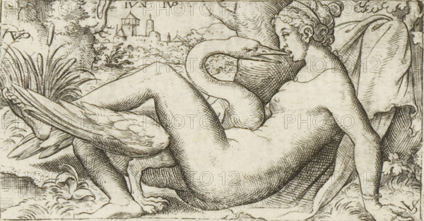 Leda and the swan, print, number: '108', printmaker, after print by, Bavaria, Nuremberg, Virgilius Solis, paper, engraving, intaglio printmaking technique, height 50 mm x width 95 mm, Jupiter, in the shape of a swan, and Leda, A reclining nude woman is shown in a detailed pen-and-ink style with her body turned in profile and her head turned slightly toward a large swan whose neck curves toward her face; the swan’s beak is close to her mouth. The woman is resting on draped fabric and a cushion, one arm behind her and the other along her side, and her hair is styled with a braided or coiled arrangement. The swan’s wings and textured feathers are visible, overlapping the woman’s legs, and both figures are set amid a natural scene with foliage, grasses, and a distant view of a walled building or castle on a hillside. The image uses fine hatch and line shading to render contours and shadow across skin, feathers, fabric, and landscape.