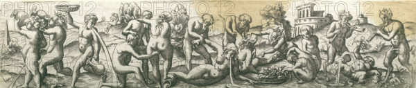 Bacchanal with satyrs and vomiting figures, Three friezes with bacchanals, print, number: '23', printmaker: Virgilius Solis, Nuremberg, 1524 - 1562, Bavaria, paper, engraving, etching, intaglio printmaking technique, height 55 mm x width 245 mm, Part of a series of three friezes with bacchanals., vomiting, satyr(s) (in general), thiasos, i.e. Bacchus' revel-rout, bacchanal without Bacchus, A wide horizontal engraving depicting a group of nude figures gathered in a landscape, many shown in playful or reclining poses; some figures carry vessels and pour water that arcs outward, others hold trays or bunches of foliage, and two horned, hooved figures on the right play long wind instruments while a reclining infantlike figure near them receives a stream from a vessel; the background shows rolling hills, clusters of trees, a round building with columns, and scattered architectural forms, with textured crosshatching and linear engraving marks throughout.
