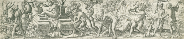 Triumphal procession of Bacchus, Three friezes with bacchanals, print, number: '23', printmaker: Virgilius Solis, Nuremberg, 1524 - 1562, Bavaria, paper, engraving, etching, intaglio printmaking technique, height 58 mm x width 245 mm, Part of a series of three friezes with bacchanals, thiasos, i.e. Bacchus' revel-rout, bacchanal without Bacchus, triumph of Bacchus, 'Carro di Bacco' (Ripa), A wide horizontal engraving shows a procession of nude and semi-nude figures moving left to right across a landscape filled with stylized foliage and decorative elements; a reclining figure sits atop a wheeled platform while attendants lift and push it, one holding a shallow dish toward the reclining figure and others carrying large urns and plants; additional figures carry branches and baskets, one pouring liquid from a vessel that arcs through the air, and another cradles a child; the ground is textured with short horizontal lines and scattered stones, and background details include trees, leafy vi...