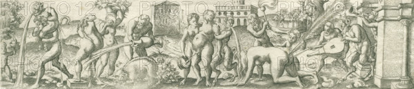 Bacchanal with vomiting satyrs, Three friezes with bacchanals, print, number: '23', printmaker: Virgilius Solis, Nuremberg, 1524 - 1562, Bavaria, paper, engraving, etching, intaglio printmaking technique, height 58 mm x width 246 mm, Part of a series of three friezes with bacchanals., vomiting, satyr(s) (in general), thiasos, i.e. Bacchus' revel-rout, bacchanal without Bacchus, A long horizontal engraving shows a procession of nude human figures and satyr-like creatures in a landscape with architectural elements; several figures carry large vessels pouring long streams of water, others hold wreaths or musical instruments, and one figure kneels while another stands behind holding a shield-like object; vegetation and low rolling hills fill the background, with a blocky building and a colonnaded structure visible, while on the right a group of horn-blowing and string-playing satyr figures stand near a columned doorway and potted plants, and a boar-like animal appears among foliage near th...