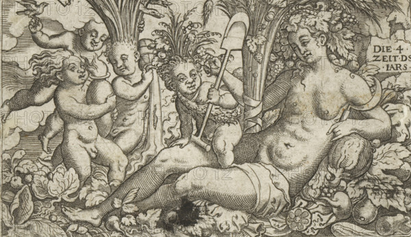 Personification of the Earth with four putti as the four elements, print, number: '122', printmaker: Virgilius Solis, Nuremberg, 1524 - 1562, Bavaria, paper, engraving, etching, intaglio printmaking technique, height 80 mm x width 133 mm, vegetables, year divided into four seasons, earth (one of the four elements), A detailed monochrome engraving shows a reclining nude female figure adorned with leafy vines and fruit in her hair, leaning on a cushion and holding a curved object near her shoulder. Around her are several cherubic children with rounded faces and curly hair; one child holds a long-handled shovel-like tool, another leans against a column of foliage, and a third reaches toward the group from above. Decorative foliage, flowers, and clusters of fruit fill the lower foreground and surround the figures, while vertical plant-like forms rise behind them. The scene is rendered in fine linework with cross-hatching and stippling textures across the figures and background.