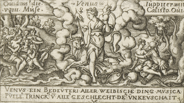 Venus with a Libra and Taurus (signs of the zodiac), Venus, Personifications of planets, print, Numbered lower right: V., number: '52', printmaker: Virgilius Solis, Nuremberg, 1524 - 1562, Bavaria, paper, engraving, etching, intaglio printmaking technique, height 62 mm x width 108 mm, Part of a series of seven prints with personifications of the planets, signs of the zodiac, and depictions of stories from Ovid's Metamorphoses., (story of) Venus (Aphrodite), the Muses acting together (as group), Libra (zodiacal sign of September), Taurus (zodiacal sign of April), Venus (planet), A central standing female figure draped in flowing cloth holds a staff and a round object while clouds swirl around her; a reclining bull with a wreath rests beside her feet and several urns and vessels lie on the ground nearby. To the left, a group of partly draped figures sit and stand close together, some playing stringed instruments and a harp, with one figure blowing a horn. On the right, two partly draped ...