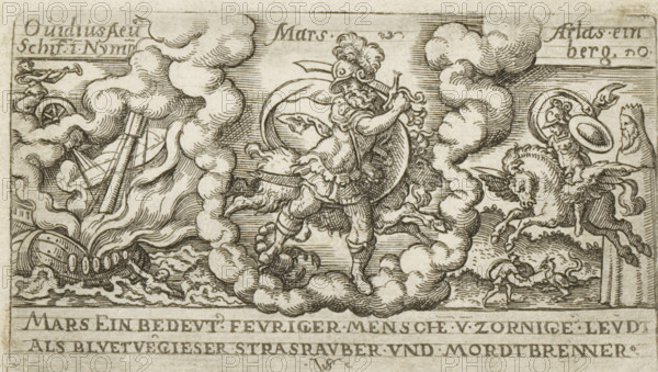 Mars, Mars with an Aries and Scorpio (signs of the zodiac), Personifications of planets, print, number: '52', printmaker: Virgilius Solis, Nuremberg, 1524 - 1562, Bavaria, paper, engraving, etching, intaglio printmaking technique, height 63 mm x width 111 mm, Part of a series of seven prints with personifications of the planets, signs of the zodiac, and depictions of stories from Ovid's Metamorphoses., (story of) Mars (Ares), Aries (zodical sign of March), Scorpio (zodiacal sign of October), Perseus, riding on Pegasus, kills the sea monster, Mars (planet), A detailed engraving shows a central armored figure wearing a plumed helmet and holding a shield and a spear, standing amid swirling clouds. To the left a ship lies among waves with mast and rigging visible and cloud-like smoke rising around it, and above a small seated figure blows a trumpet from what appears to be a wheeled chariot. To the right a winged horse flies with a mounted armored rider and a bearded standing figure nearby,...