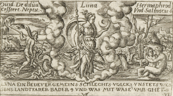 Luna, Luna with a Cancer (zodiac sign), Personifications of planets, print, Numbered lower right: VII., number: '52', printmaker: Virgilius Solis, Nuremberg, 1524 - 1562, Bavaria, paper, engraving, etching, intaglio printmaking technique, height 63 mm x width 112 mm, Part of a series of seven prints with personifications of the planets, zodiac signs, and depictions of stories from Ovid's Metamorphoses., moon as celestial body, chariot, triumphal car, Diana as moon-goddess, i.e. Luna (Selene), Cancer (zodiacal sign of June), A central robed female figure stands within a circular halo of cloud, holding a long spear in one hand and a crescent-shaped object in the other, with draped garments and loose hair. To the left, a partially nude male figure stands on a small boat or shell, leaning forward and pulling on a large fish or sea creature with a long pole, while coiling waves and sea serpents appear around the vessel. To the right, two partially nude figures sit at the water's edge in an ...
