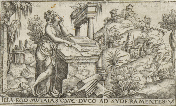 Penance, Female allegories in landscapes, print, number: '72', printmaker: Virgilius Solis, Nuremberg, 1524 - 1562, Bavaria, paper, engraving, etching, intaglio printmaking technique, height 52 mm x width 85 mm, Print is part of a series of six prints with female allegories in landscapes., landscape with ruins, city-view, and landscape with man-made constructions, 'Poenitentia', 'Contritione' (Ripa), part of the confession, A monochrome engraved scene shows a partially draped woman standing by a stone tomb or altar, one hand resting on the stone and the other touching her face as she gazes upward; she wears flowing fabric tied at the waist and her hair falls in curls. Broken columns and architectural fragments lie near the base of the tomb, and a ruined column with a capital leans in the foreground. Behind the woman there are two classical columns supporting an entablature with foliage cascading over it, and trees with detailed leaves and drooping branches frame the left and right side...