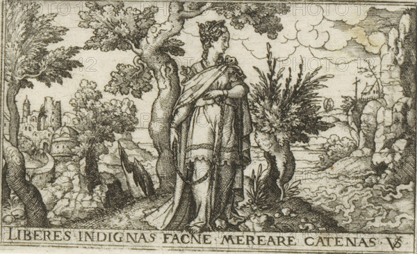 Imprisonment, Female allegories in landscapes, print, number: '72', printmaker: Virgilius Solis, Nuremberg, 1524 - 1562, Bavaria, paper, engraving, etching, intaglio printmaking technique, height 53 mm x width 86 mm, Print is part of a series of six prints with female allegories in landscapes., city-view, and landscape with man-made constructions, A monochrome engraving shows a robed female figure standing beside a gnarled tree in a rocky coastal landscape; she wears a long dress with decorative hems and a draped cloak, her hair styled and partially covered, and she holds a rope or chain that hangs down from her hands. Around her are textured trees and bushes with detailed foliage, rough stones underfoot, tall reeds or grasses to her side, and a body of water with rippling lines extending toward the horizon. In the distant background there are ruined buildings and towers clustered among trees on a shoreline, and on a distant cliff a small chapel-like structure with a cross perched near...