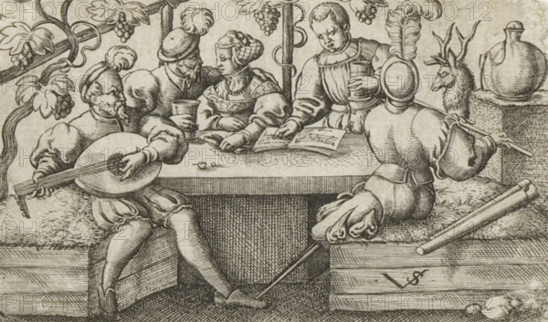 Four men and a woman drinking and making music, Scenes with drinking figures, print, number: '135', printmaker: Virgilius Solis, Nuremberg, 1524 - 1562, Bavaria, paper, engraving, etching, intaglio printmaking technique, height 50 mm x width 85 mm, Print is part of a series of four prints with scenes with drinking figures, transverse flute - CC - out of doors, alcoholic drinks, lute, and special forms of lute, eg: theorbo - CC - out of doors, vocal music, singing - CC - out of doors, notation of music - CC - out of doors, A detailed monochrome engraving shows a group of people seated around a wooden table beneath a vine with leaves and grape clusters. Two figures at the left wear puffed sleeves and hats, one holding a plucked lute-like instrument and the other leaning in with a cup. A woman with braided hair sits between them, hands resting on the table, while a young man in a pleated garment stands to the right holding a large cup and pointing at an open book on the table. A kneeling ...