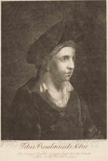 Portrait of Titus Rembrandtsz. van Rijn, print, printmaker: August Ludwig Stein, Leipzig, after painting by Rembrandt van Rijn, 1770, Saxony, paper, etching, height 323 mm x width 250 mm, Person, Titus Rembrandtsz. van Rijn, historical persons, A monochrome portrait of a young person shown from the chest up, turned slightly to the viewer's right, wearing a loose dark garment over a light shirt with a visible collar, and a soft, dark hat with a rounded, voluminous shape that sits low on the head; the face is softly lit with smooth shading, showing a calm, neutral expression, defined eyes looking outward, a straight nose, and closed lips, while thin hair is visible at the temple and behind the ear; the background is uniformly textured and dark, and the lower edge of the image shows a lighter border area.