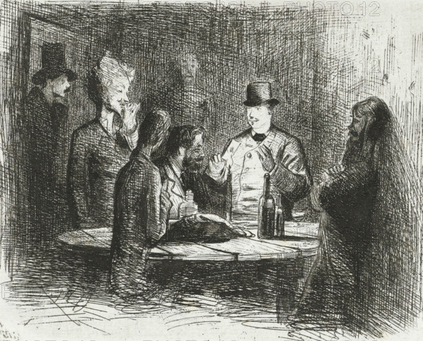 Gentlemen around a table, print, Six gentlemen around a table, on which rests a burning candle. According to the artist's caption, from left to right these are the Hague artists Philip Windt, Marinus van der Maarl, Philip Zilcken, Herman Johannes van der Weele, Adrianus Vrolijk and Otto Eerelman., inscription: 'In order Windt v Maarl Zilcken vd Weele Vrolijk Eerelman', printmaker: Jan Holswilder, The Hague, 1860 - 1890, Jan Holswilder, printmaker, paper, etching, height 117 mm x width 147 mm, Person, Otto Eerelman, Marinus van der Maarel, Adrianus Vrolijk, Philip Windt, candle, table, A black and white sketch shows a group of people gathered around a round table with bottles and a glass on it; a man wearing a top hat and a coat stands facing the table with his hands raised, while other seated and standing figures with varied facial hair and hats lean in or gesture; crosshatched shading fills the background and walls, and dense line work defines clothing folds, hair, and the tabletop.