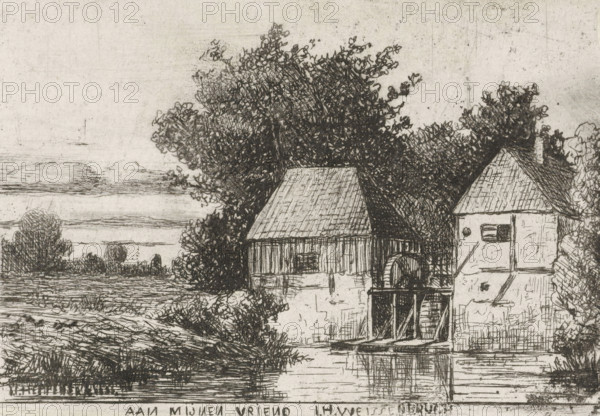 Landscape with watermill, print, printmaker: Jan Heppener, The Hague, dedicated to: Johan Hendrik Weissenbruch, c. 1841 - 1898, paper, chine collé, etching, drypoint, etching on chine collé, proof, height 65 mm x width 92 mm, watermill in landscape, A detailed black and white sketch shows a riverside scene with two adjacent buildings, one with a sloped tiled roof and vertical wooden siding and the other with a steep roof and a small shuttered window, both set against dense, leafy trees and shrubs; a wheel-like structure and a small dock area project over calm water that reflects parts of the buildings and vegetation, while textured foreground grasses and reeds border the water and a distant expanse of sky and low land stretch across the background.