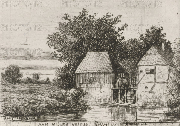 Landscape with watermill, print, printmaker: Jan Heppener, The Hague, dedicated to: Frederik Hendrik Weissenbruch, c. 1841 - 1898, paper, chine collé, etching, etching on chine collé, height 65 mm x width 92 mm, watermill in landscape, An ink drawing showing a waterside scene with two adjacent buildings, one with a steep roof and wooden siding and the other with a tiled roof and a small shuttered window, the taller building featuring a vertical wheel structure near the water; dense trees and foliage rise behind and around the buildings, their branches and leaves rendered in intricate hatch marks, and shrubs and low vegetation line the water’s edge, while the foreground shows textured ground and reflections in the water.