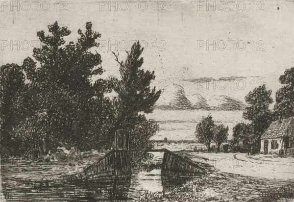 Landscape with a bridge over a ditch, print, printmaker: Jan Heppener, The Hague, c. 1841 - 1898, paper, chine collé, etching, etching on chine collé, proof print, height 65 mm x width 93 mm, landscape with bridge, viaduct or aqueduct, farm or solitary house in landscape, A black and white etching showing a rural waterside scene with dense, dark foliage on the left and smaller trees on the right, a wooden bridge or jetty extending into the water in the foreground, calm water reflecting the structures, distant low clouds on the horizon, a small house with a pitched roof partly visible at the right edge, and textured sky and ground created by fine etched lines.