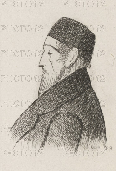Portrait of Carel August Gunkel, print, inscription: 'portrait of General Gunkel', printmaker: Jan Heppener, The Hague, 1859, paper, chine collé, etching, etching on chine collé, height 99 mm x width 62 mm, Person, Carel August Gunkel, coat (men's clothes), beard, A black ink line drawing of an older man shown in profile facing left, wearing a close-fitting textured cap and a high-collared coat; he has a long straight beard, a prominent nose, a closed eye with a small eyebrow, and visible ear detail, with fine cross-hatching used throughout to render texture and shading on the hat, coat, and facial hair against a light paper background.