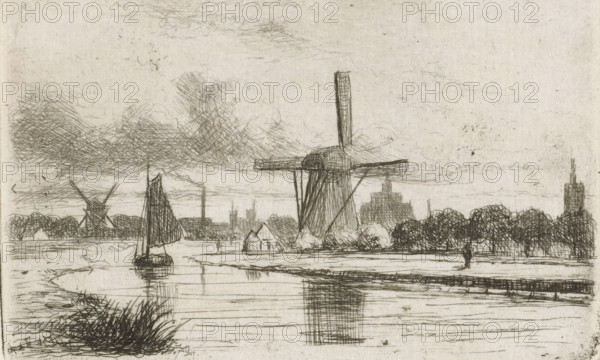 River landscape with windmills, print, printmaker: Jan Heppener, The Hague, c. 1841 - 1898, paper, chine collé, etching, etching on chine collé, proof print, height 51 mm x width 79 mm, windmill in landscape, landscapes with waters, waterscapes, seascapes (in the temperate zone), A monochrome sketch of a riverside scene showing a large traditional windmill near the water with its reflection visible, a sailboat with a furled sail on the river, low houses and clustered trees along the far bank, another smaller windmill in the distance, a strip of grassy reeds in the foreground, a solitary figure standing on the bank, and textured cloud formations filling the sky.