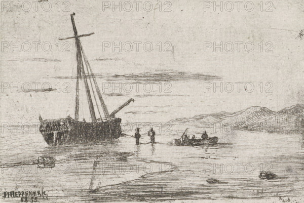 Ship off the coast, print, printmaker: Jan Heppener, The Hague, 1855, paper, chine collé, etching, etching on chine collé, height 51 mm x width 78 mm, ships (in general), dune coast (landscape with figures, staffage), sand-bank (landscape with figures, A monochrome etching shows a beached sailing vessel with tall masts and rigging standing on shallow water near the shore, two small figures standing in the water facing each other beside the ship, a small rowboat with seated figures a short distance away, a low rocky shoreline and gently sloping hills in the background, faint horizontal lines suggesting clouds or distant water, and scattered marks and scratches across the textured surface.