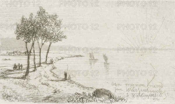 River landscape with rising sun, print, printmaker: Joseph Hartogensis, The Hague, dedicated to: Jan Weissenbruch, 1854, paper, chine collé, etching, etching on chine collé, height 50 mm x width 86 mm, river (landscape with figures, staffage), sunrise, A delicate pen drawing of a shoreline scene with a cluster of tall trees near the water’s edge, a narrow winding path along the shore, small figures standing and walking near the trees and at the water, a person holding a fishing rod with another seated nearby, two small sailing boats on the calm water, distant low hills on the horizon, a semicircular sun with radiating lines above the horizon, and foreground grasses and a rounded textured object partially surrounded by vegetation.