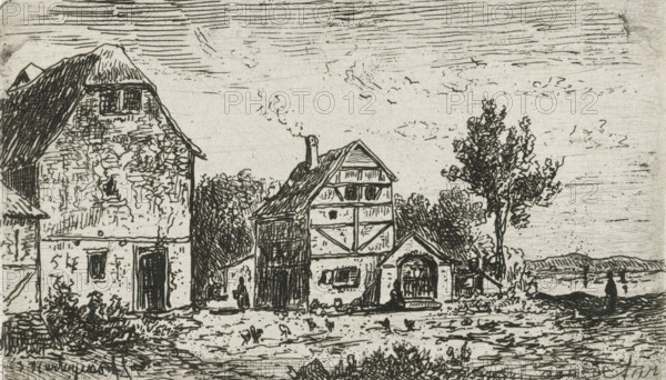 Buildings on the Aar, print, printmaker: Joseph Hartogensis, unknown, c. 1837 - 1865, paper, chine collé, etching, etching on chine collé, height 50 mm x width 86 mm, rural housing, eg country-house, villa, cottage, river, Aare, A monochrome ink drawing shows a cluster of rustic buildings along a shoreline, including a large thatched-roof structure with textured stone walls, a smaller half-timbered house with a steep roof and a visible chimney, and an arched entranceway attached to a low building. Trees with detailed foliage rise near the buildings, and low bushes and ground vegetation fill the foreground. Small birds appear scattered on the ground, and two small human silhouettes stand near the waterline at the right edge. The sky is filled with horizontal hatch lines and sparse cloudlike marks, and a distant low range of hills is visible across the water.