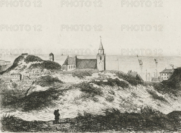 View of Scheveningen, print, printmaker: Joseph Hartogensis, The Hague, in or before 1855, paper, chine collé, etching, etching on chine collé, proof print, height 111 mm x width 142 mm, dune coast, church (exterior), Scheveningen, A monochrome ink landscape showing rolling dunes and grassy slopes leading down to a coastal village and a calm sea beyond, with clustered small buildings and rooftops nestled among the hills, a church with a tall tower and pointed steeple near the shoreline, a round-topped tower on a distant hill, several small boats with sails on the water, a few scattered houses on the far right, and a solitary figure standing in the foreground holding something upright against a textured ground.