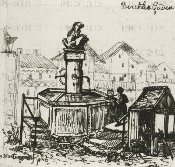 View of Berchtesgaden, print, printmaker: Joseph Hartogensis, The Hague, 1856, paper, chine collé, etching, etching on chine collé, proof print, height 63 mm x width 69 mm, ornamental fountain, Bavaria, Berchtesgaden, A black ink drawing shows a square fountain structure with a central column topped by a small seated dog sculpture, spouts and a basin around the column, and a person seated on the fountain edge holding a cup. Surrounding the fountain are wooden railings, steps leading up to the platform, and small buildings with gabled roofs in the background. Various linear hatching and crosshatching create texture on roofs, walls, and ground, and small potted plants and architectural details appear near the lower right and left edges.