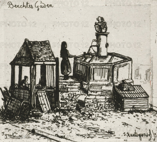 Water pump in Berchtesgaden, print, printmaker: Joseph Hartogensis, The Hague, 1856, paper, chine collé, etching, etching on chine collé, proof print, height 63 mm x width 71 mm, ornamental fountain, Bavaria, Berchtesgaden, A monochrome ink drawing shows a small scene with simple buildings and outdoor structures. A woman in a dark dress stands near a raised octagonal basin topped by a short column bearing a sculpted animal figure. To the left is a covered wooden shelter with a pitched roof and open sides where a seated figure is visible inside. Various planks, barrels, and stacked wooden panels are arranged around the buildings, and low vegetation grows at the base of the structures. The ground in front is uneven with scattered rocks and irregular lines indicating texture. The image has a grainy paper background with small speckles.