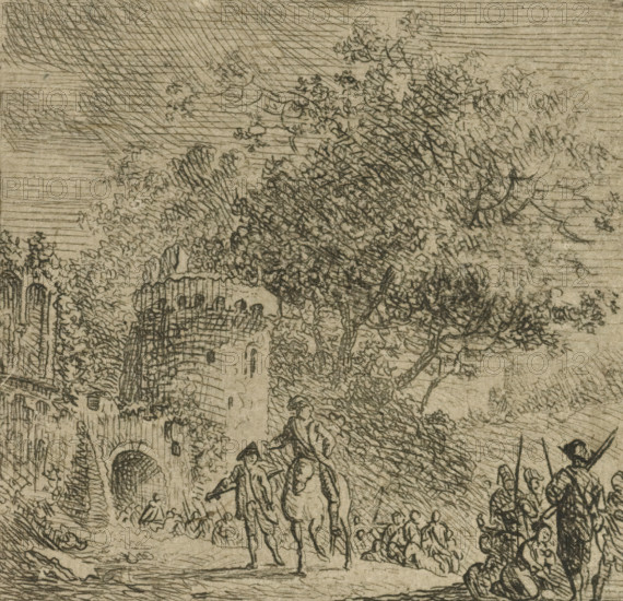 Soldiers at a gate, print, printmaker: Cornelis van Hardenbergh, Netherlands, c. 1770 - 1843, paper, etching, intaglio printmaking technique, etching with plate tone, height 55 mm x width 55 mm, the soldier, the soldier's life, city-gate, A detailed monochrome etching showing a group of people beneath a large, densely foliaged tree, with textured linework depicting leaves and branches spreading across the upper area; beneath the tree, figures stand and sit in various poses, some clustered together and some walking, their clothing and hats suggested by strokes; to the left a stone archway or tunnel is visible set into a wall covered with vegetation, with layered horizontal and curved hatching filling the sky area; on the right a narrow group of figures stands near the tree edge, one holding a long pole or spear, while in the foreground the ground is rendered with crosshatching and small scattered stones.
